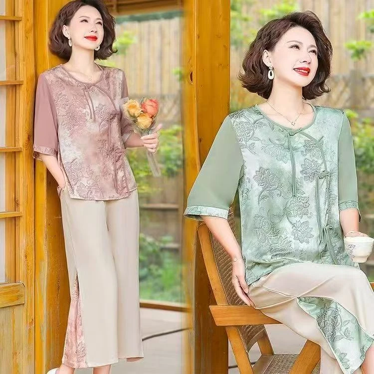 IRRYFEN/衣氛国风缎面复古提花套装上衣+裤子