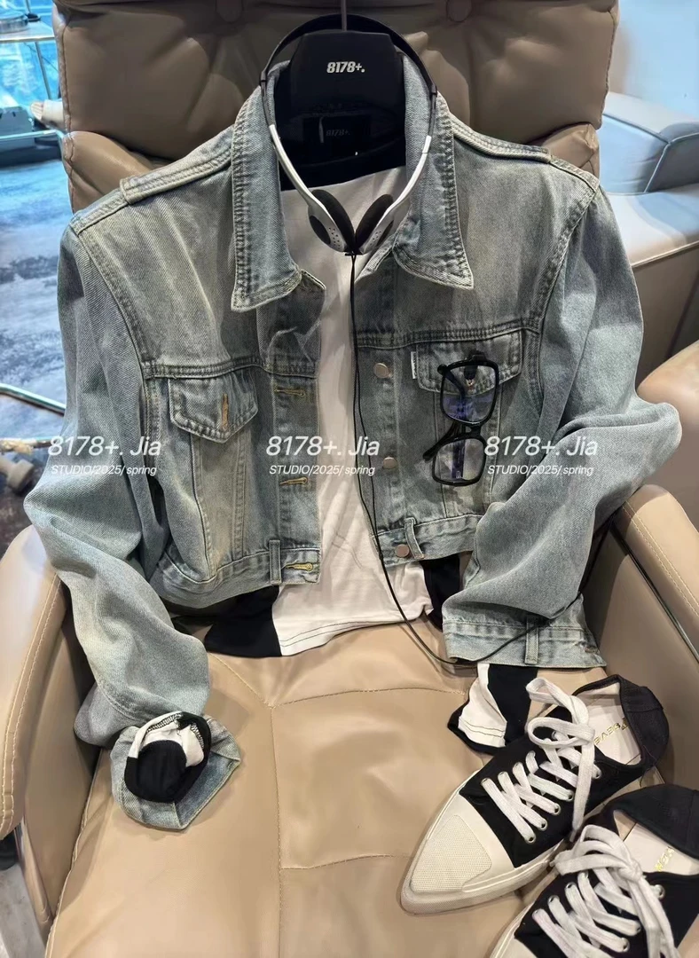 熊小姐家2025韩国东大门同款早春垫肩牛仔外套