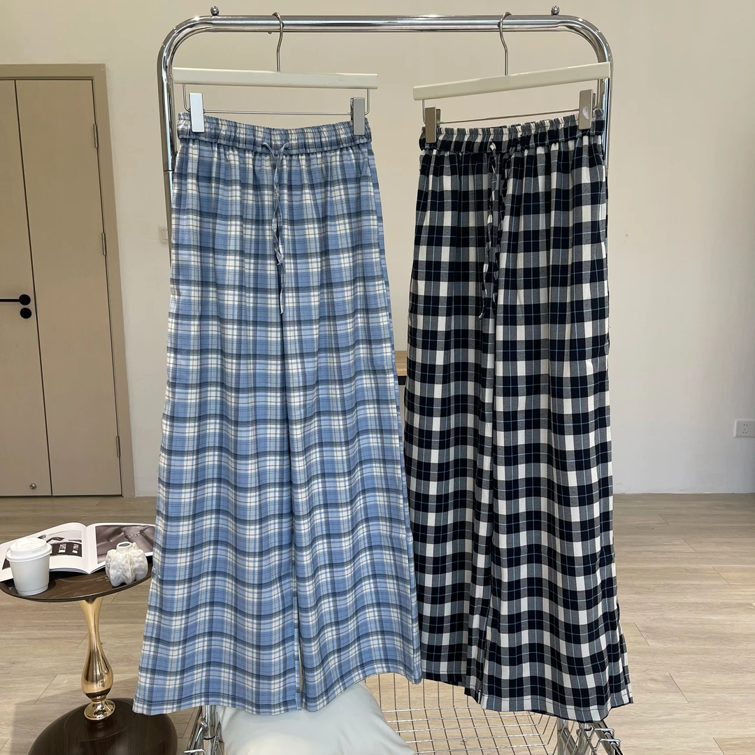 芊芊大码韩版减龄休闲格纹宽松垂感松紧腰春秋款长裤【JQ8010】