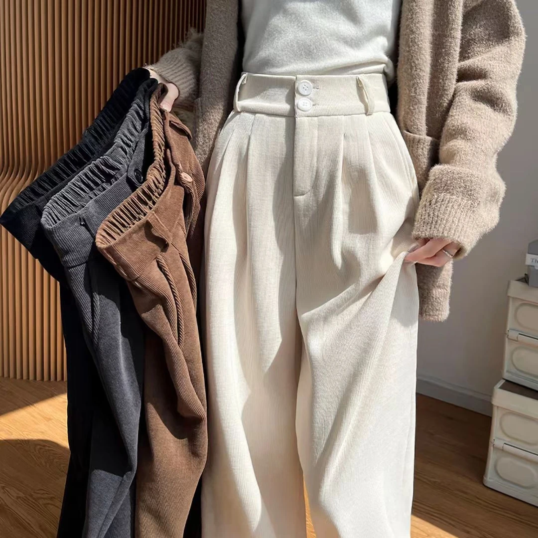 【现货速发】欧棉绒西装裤女秋冬季高腰垂感直筒显瘦秋冬小个子