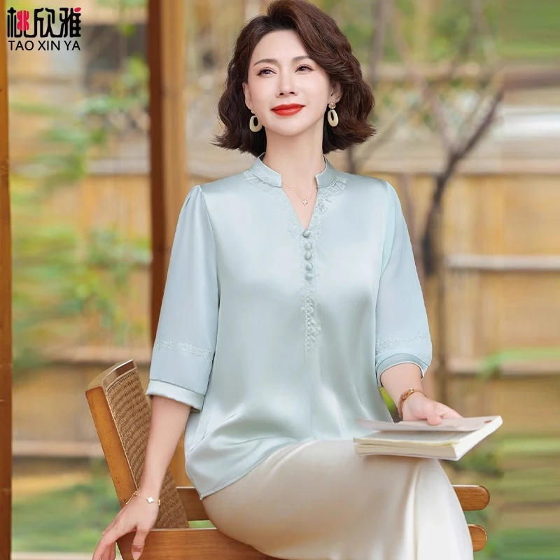 妈妈秋装2025新款雪纺小衫套装中老年女装衬衫上衣夏季洋气质衬衣