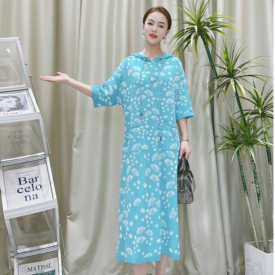 9224【春夏】天空蓝抽绳带帽连衣裙中长款显瘦宽松气质夏季休闲时尚