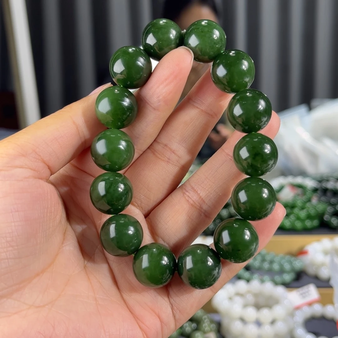 手串未镶嵌和田玉俄罗斯红皮菠菜绿卡16圆珠