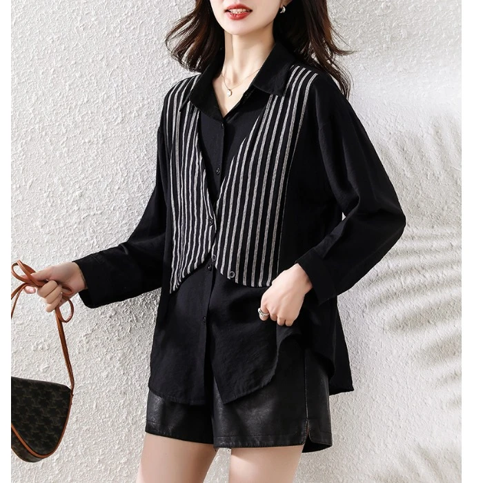 高级感假两件条纹衬衫女2025春季新款大码胖MM宽松显瘦时尚上衣