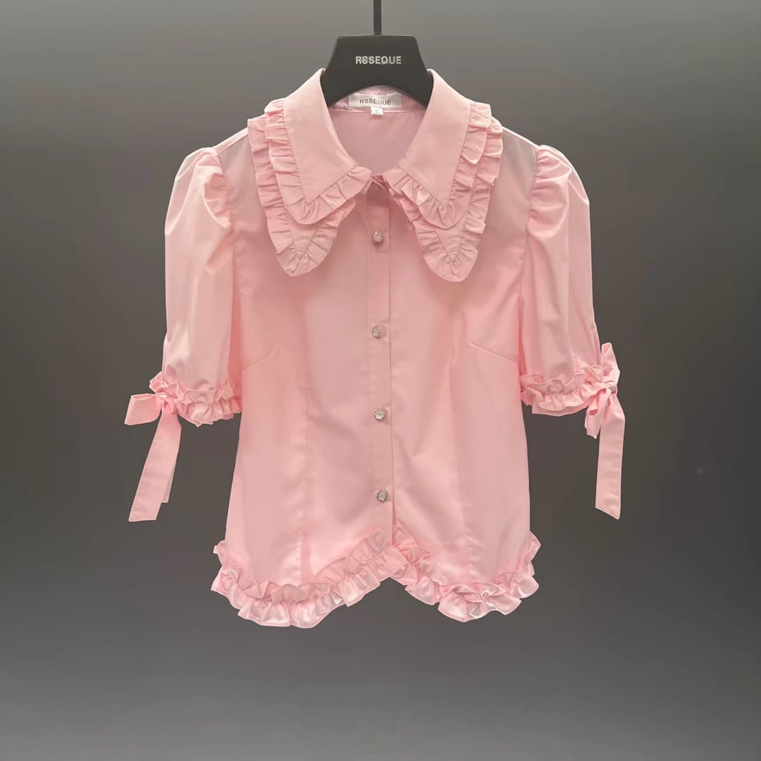 泡泡袖衬衫短袖女夏季薄款收腰木耳边法式甜美短款粉色上衣C9559