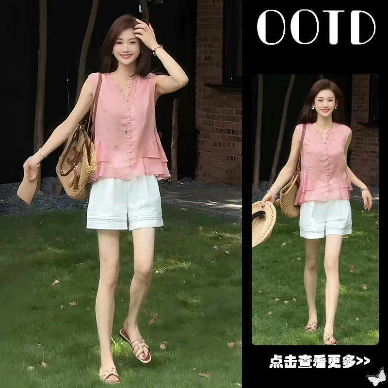 夏季流行穿搭一整套女2025新款韩版粉色无袖衬衫蕾丝短裤两件套装