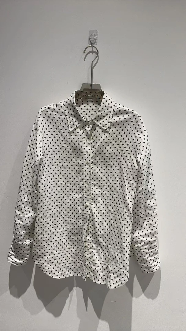 JIAXINXQING黑色圆点波点拼接白色时尚设计款百搭气质衬衫