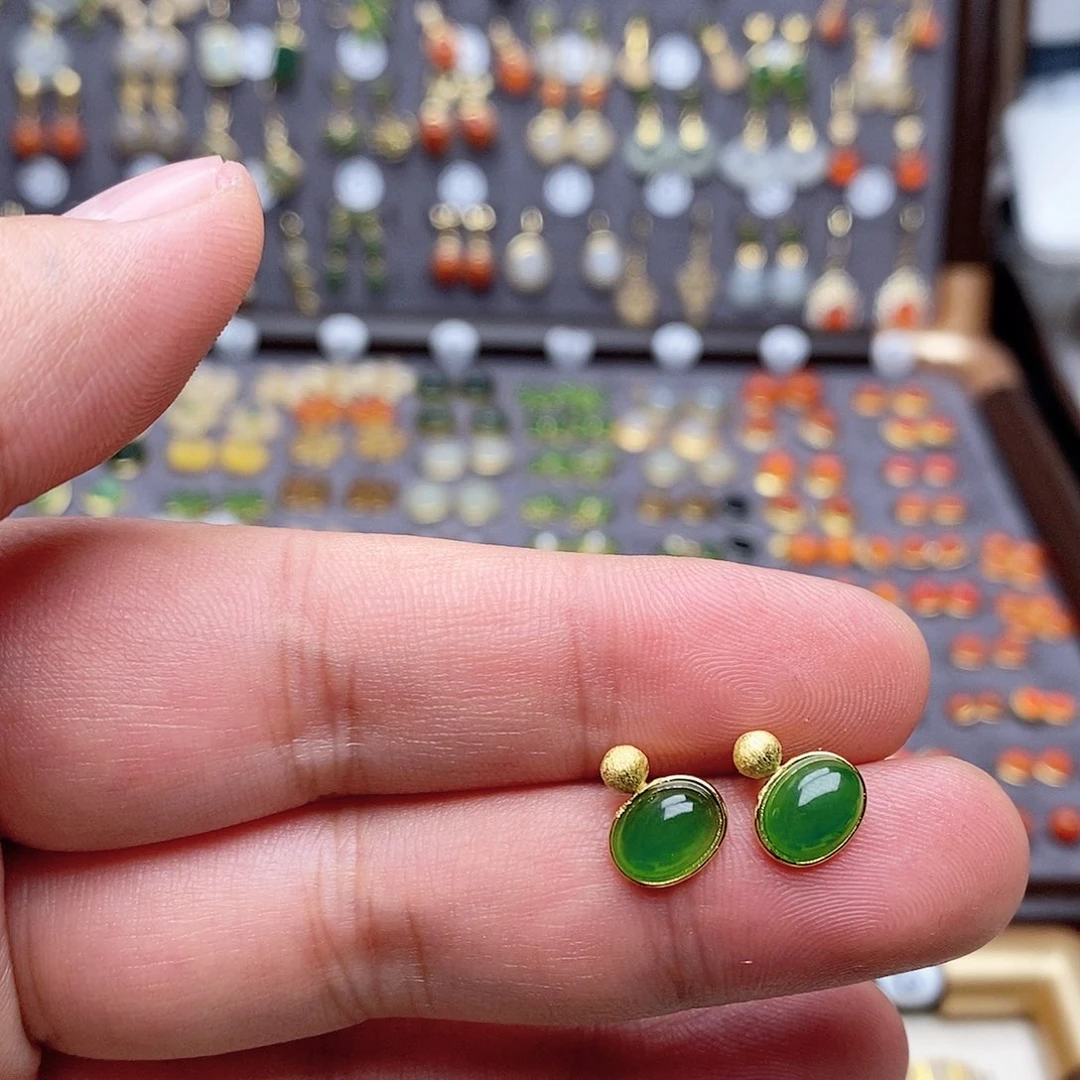 素***金和田玉银S925镶嵌耳饰