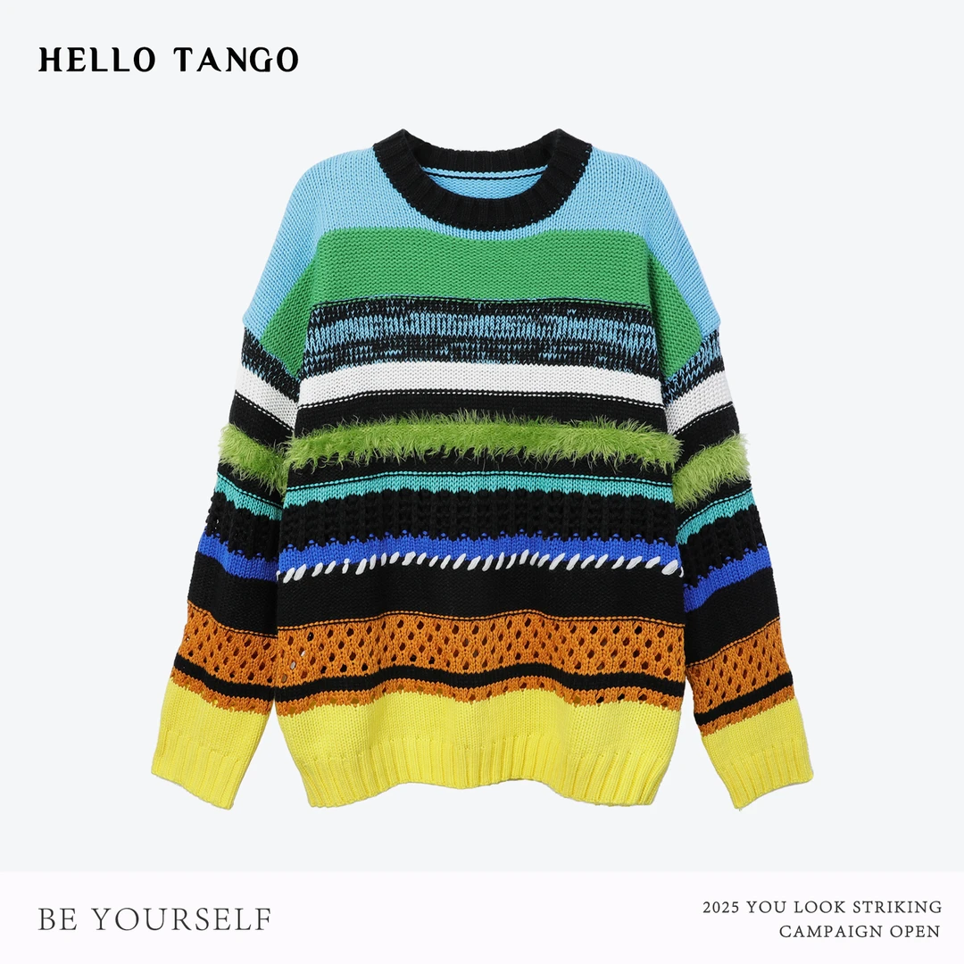 HELLOTANGO《荒野浪漫》秋冬复古多巴胺撞色镂空圆领套头毛衣8368#