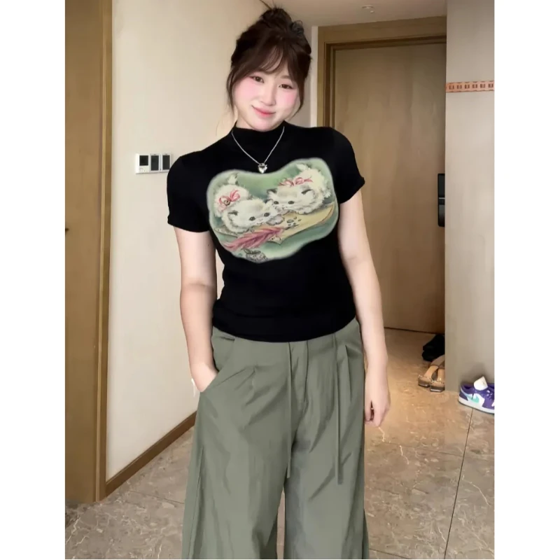 大码美式辣妹猫咪印花正肩短袖t恤女夏季微胖mm遮肉显瘦百搭上衣
