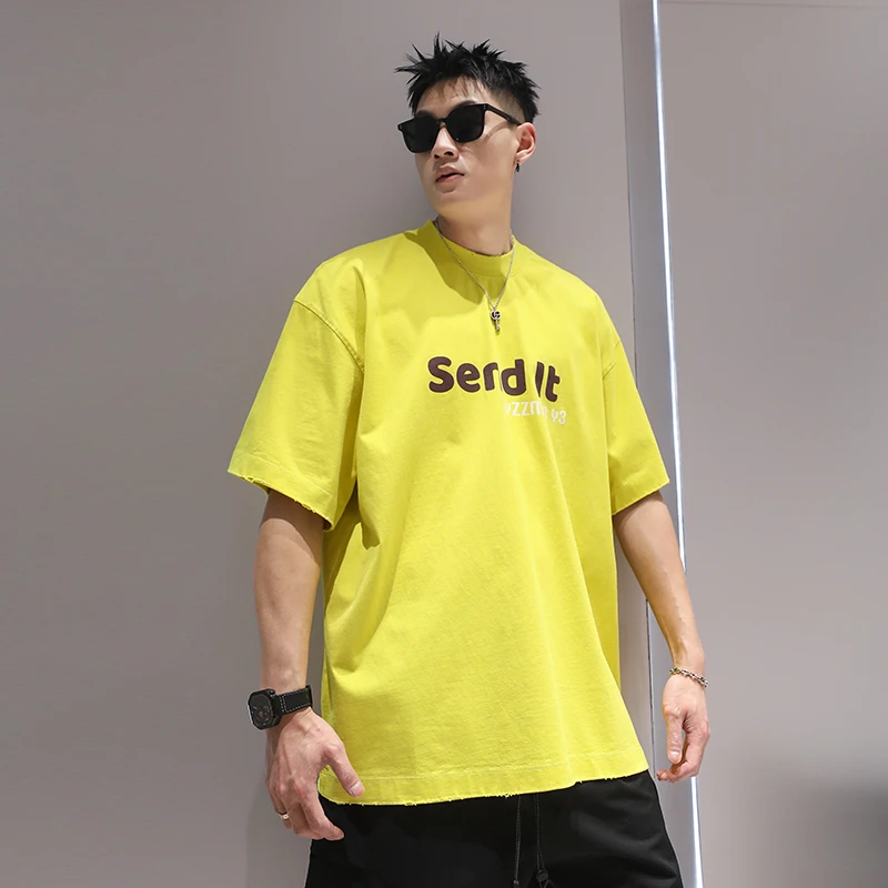 有术多巴胺潮牌短袖T恤男夏季纯棉磨边美式街头宽松5分袖体恤印绣