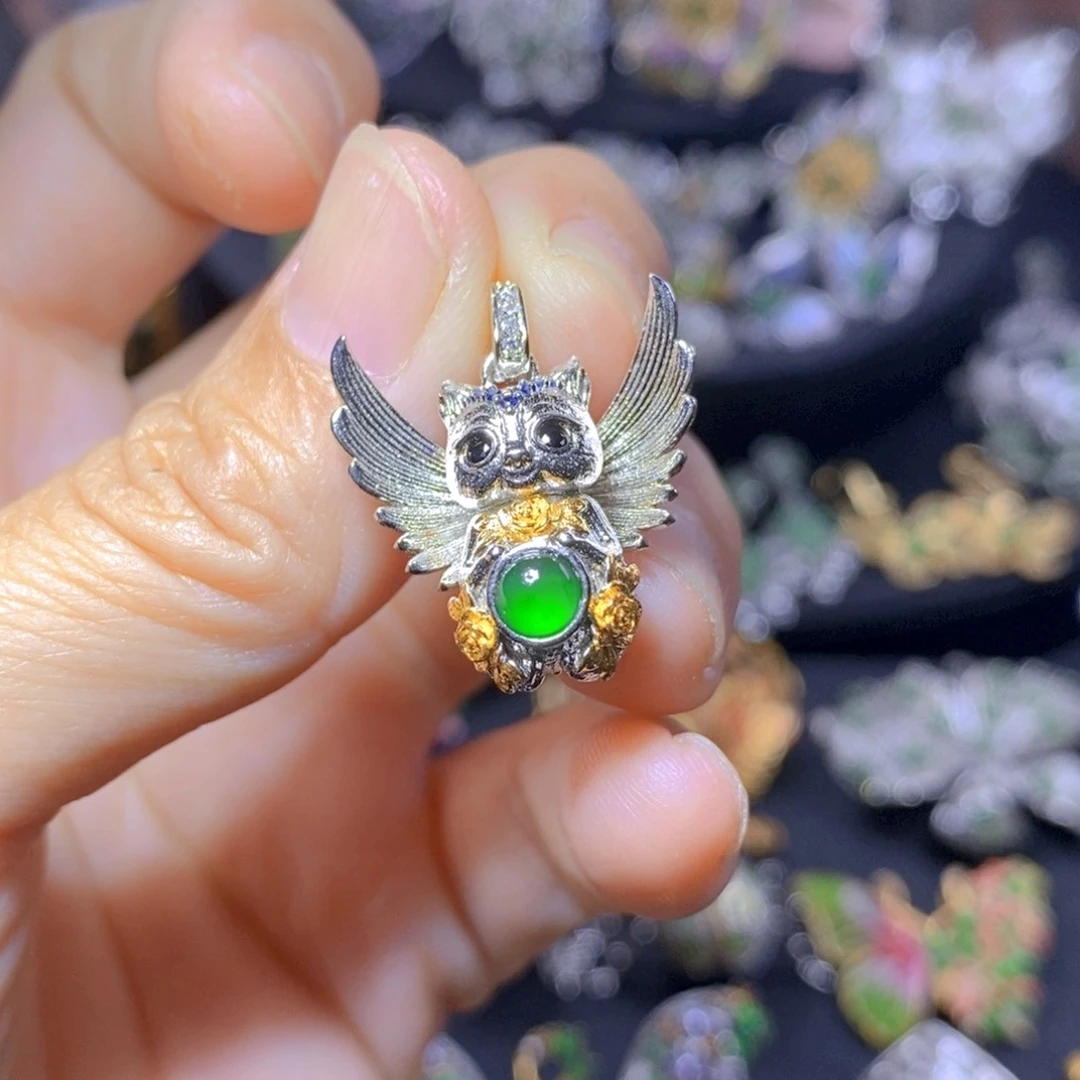 翡翠银S925镶嵌吊坠(不含链)天然翡翠