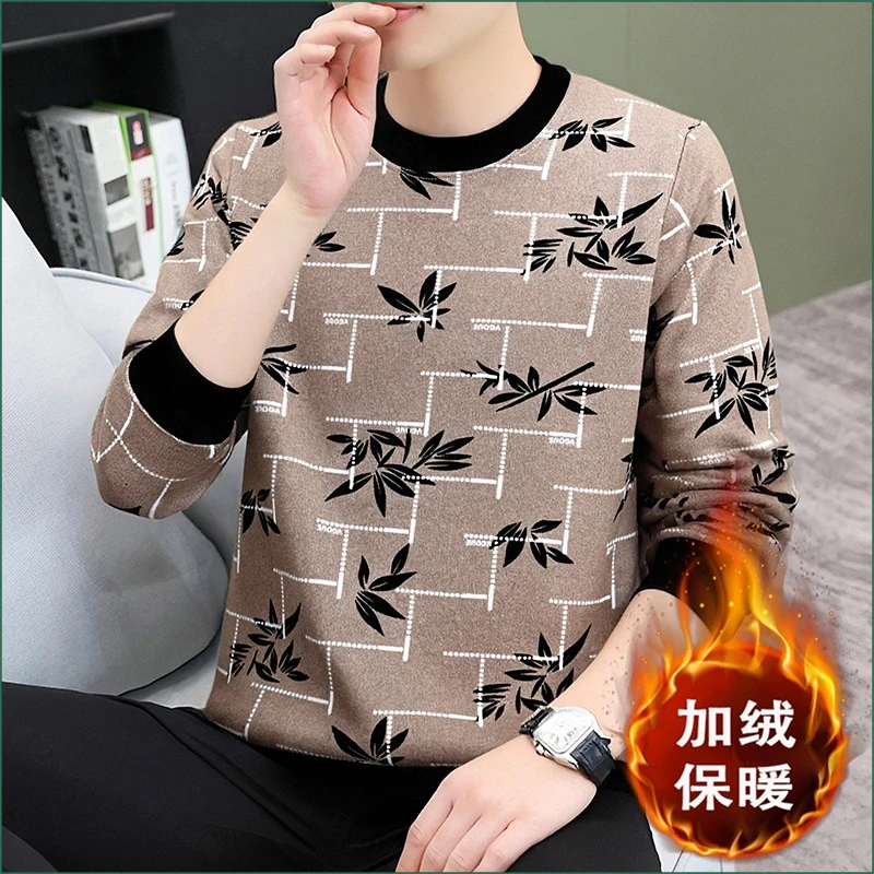 加绒加厚男款圆领长袖卫衣2026冬季新款潮流印花保暖内搭打底上衣