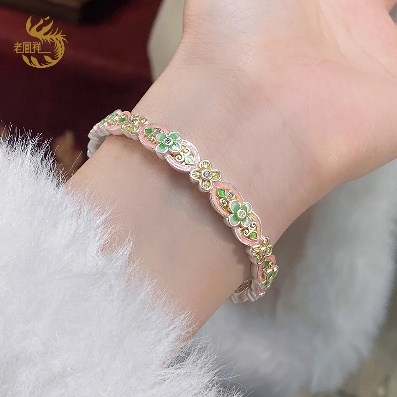 足银珐琅手镯 足银繁花纯银银手镯女描金珐琅彩宫廷开口银镯子礼