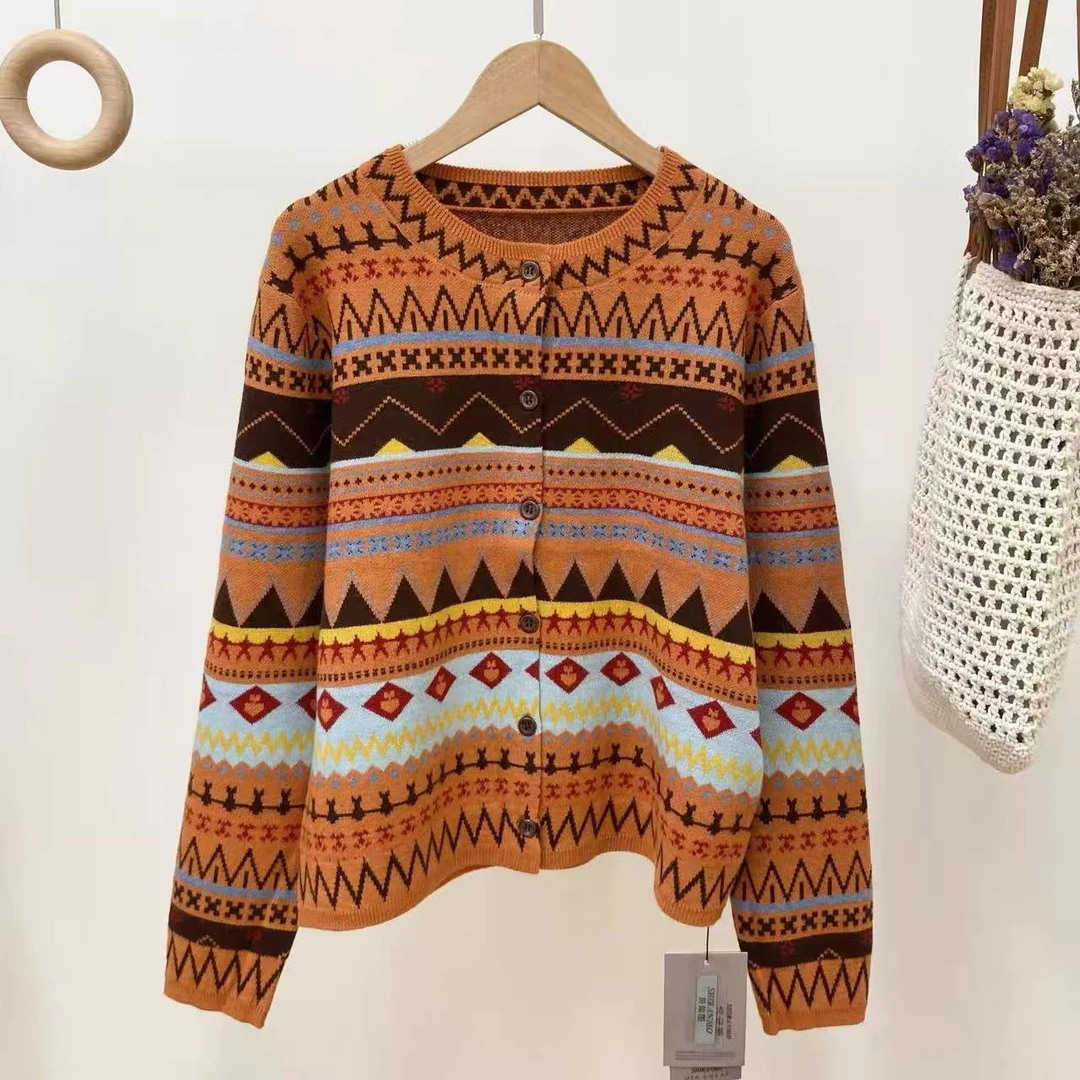 【爱玛橙-山水画】秋冬新款提花民族风时尚外搭针织开衫女 017