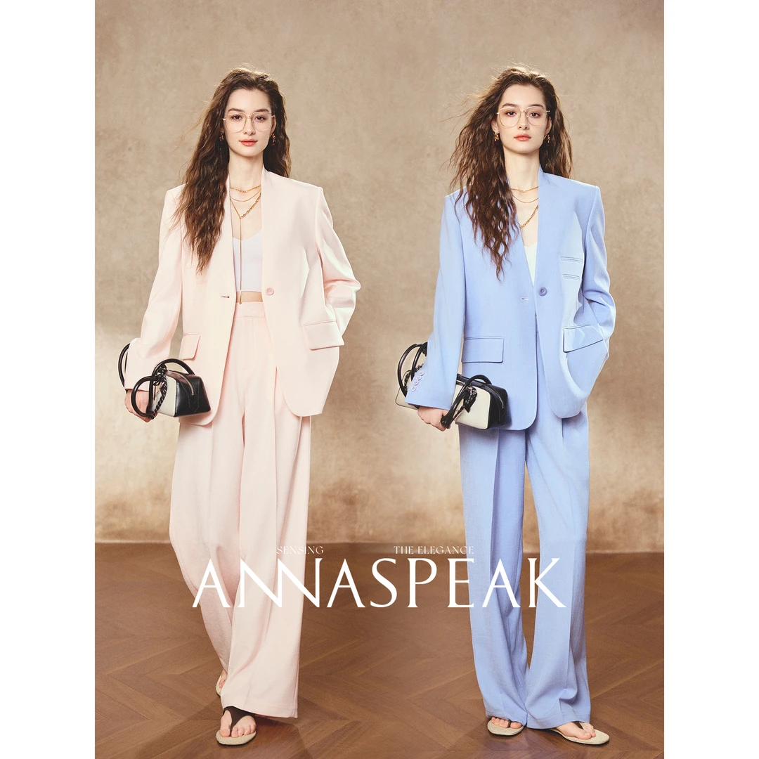 ANNASPEAK立裁无领仿麻感精纺肌理双褶阔腿直筒裤ROW风西服西装女