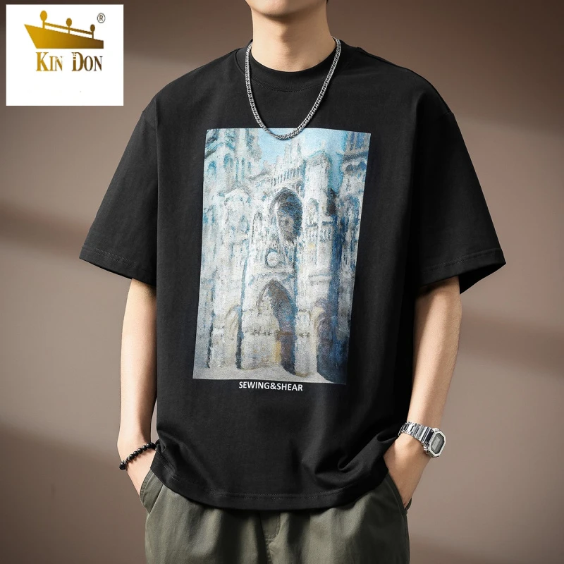 高端白墨直喷印花短袖T恤男士夏季潮牌300g重磅体恤宽松纯棉上衣