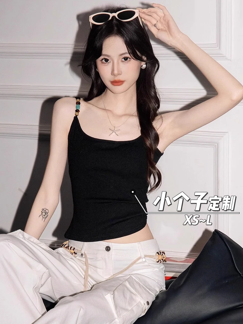 美式串珠背心上衣女早秋150小矮个子内搭打底带胸垫显瘦美背吊带