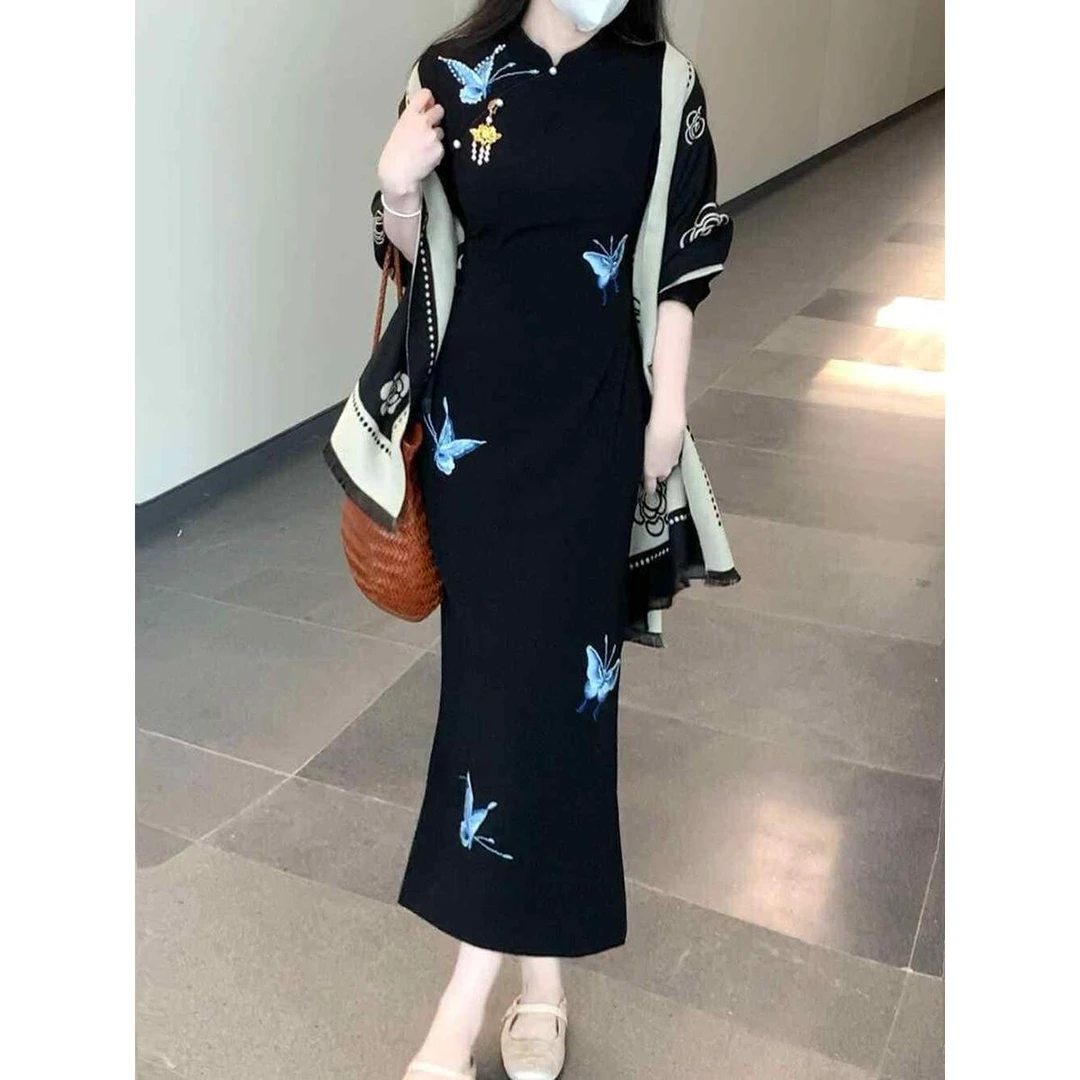 复古风新中式国风蝴蝶2024新款改良旗袍超气质显瘦长袖黑色连衣裙
