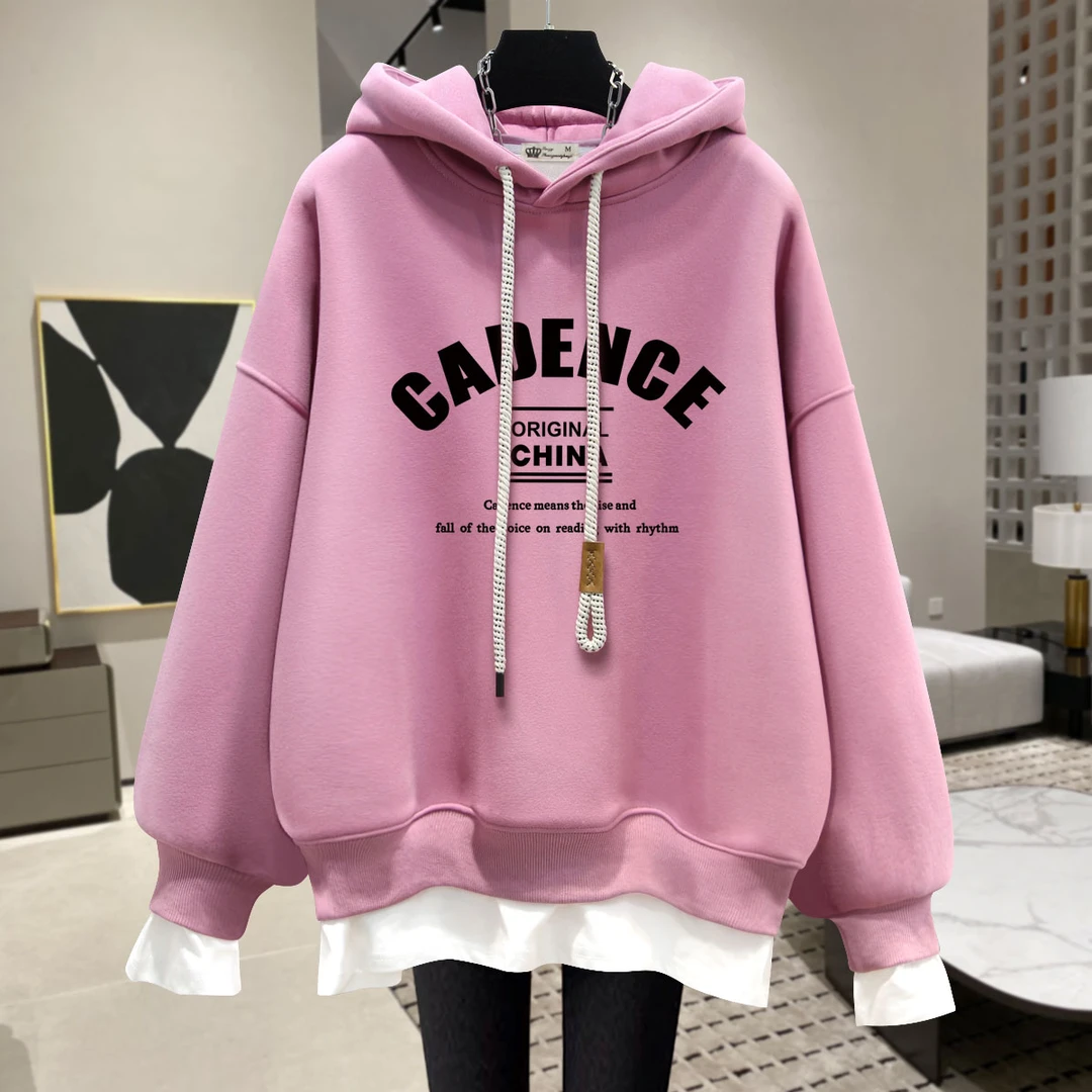粉色连帽卫衣女加绒2025新款春秋冬季薄款韩版字母假两件上衣外套