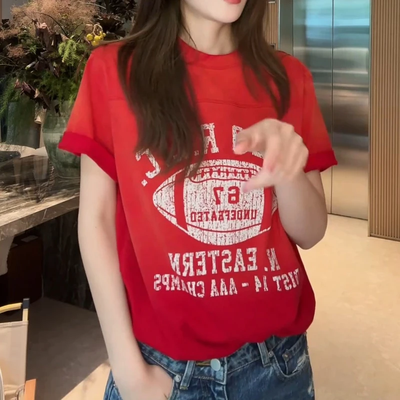 “热情美式”2025夏季新款美式正肩红圆领短袖LK2503939