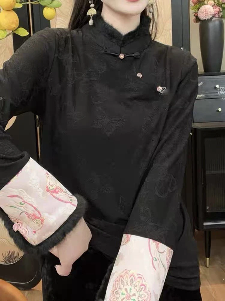 【宝相花】中式加绒加厚国风打底衫女斜襟百搭时尚气质毛毛保暖小衫