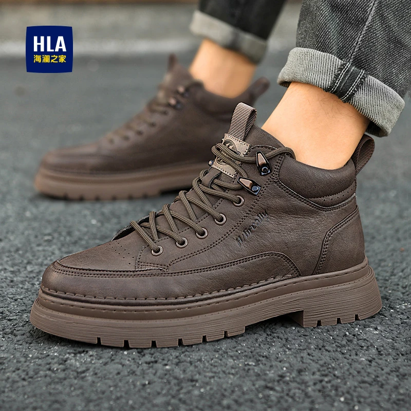 HLA/海澜之家冬季男鞋潮流百搭休闲工作鞋男士痞帅马丁靴黑色加绒