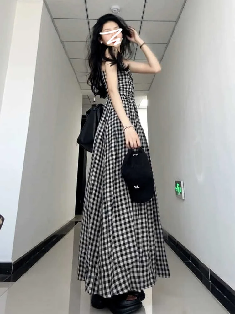 然然高个子女装法式复古显瘦格子抹胸连衣裙女春季慵懒风露背长裙