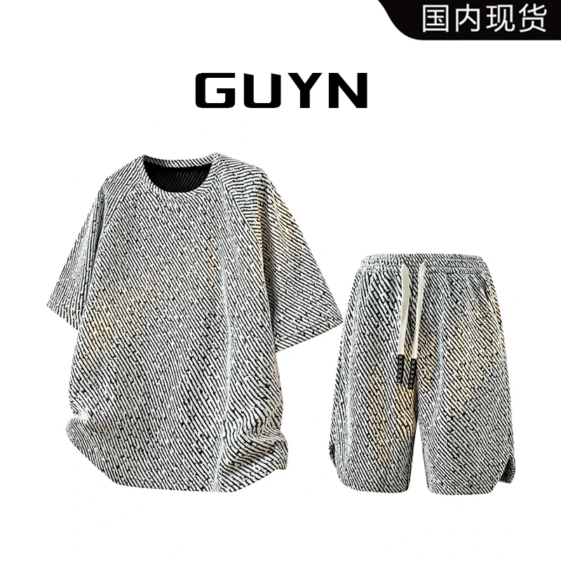 【品牌现货】GUYN雪尼尔短袖短裤套装男夏季透气大码休闲男装一套