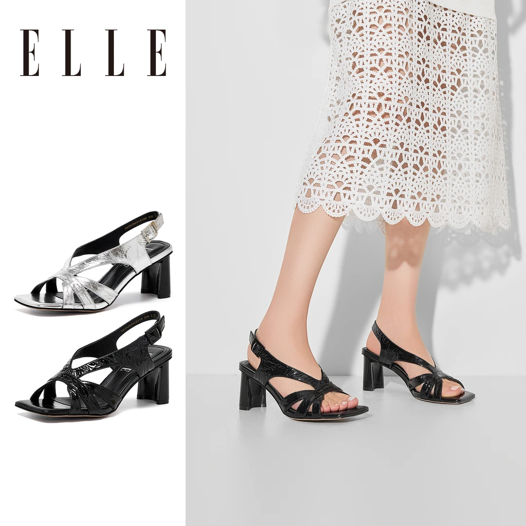 ELLE真皮褶皱交叉拼接镂空高跟鞋女欧美风粗跟气质时尚一字带凉鞋