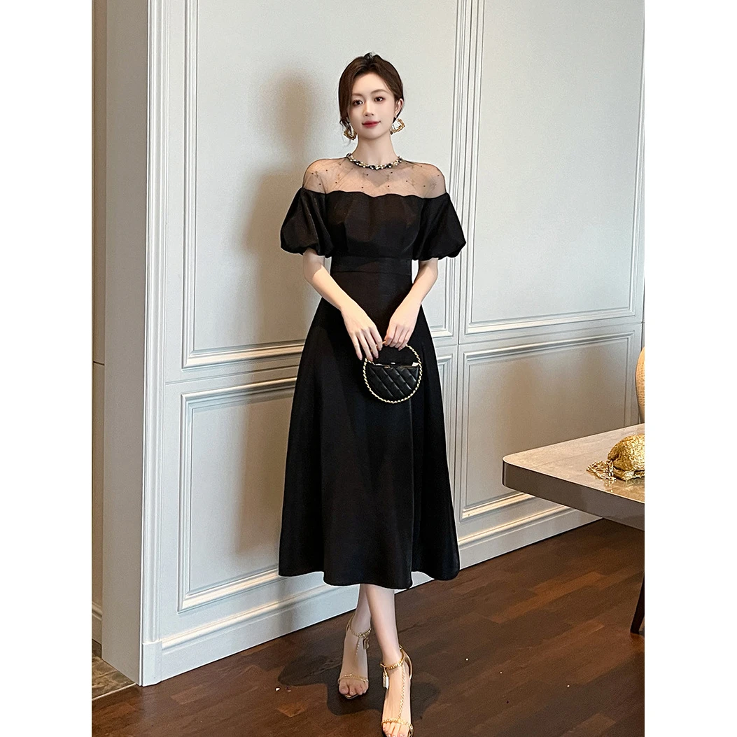 赫本风黑色连衣裙子高级感礼服气质名媛女神范长款一字肩长裙女