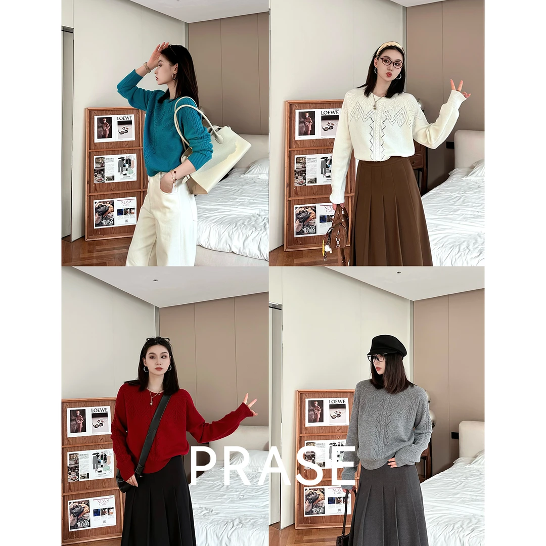 PRASE·噜【枫叶小镇】绵羊毛气质时尚软糯钩织花纹圆领毛衣PR511E20