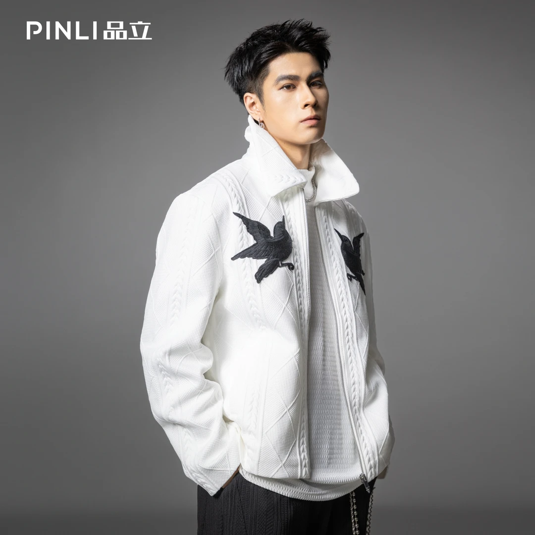 PINLI品立2025秋季新款可翻高领针织提花夹克男士贴布绣短款外套