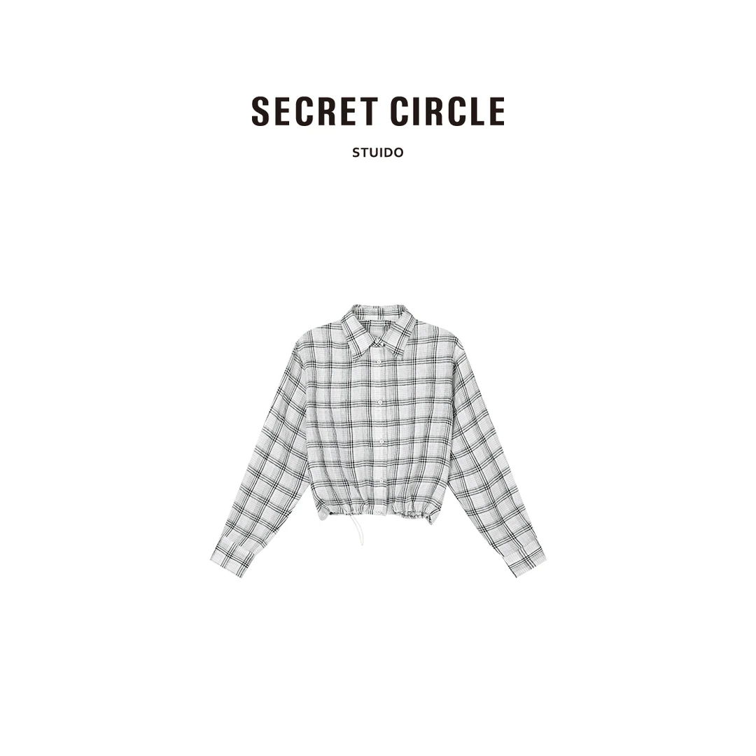 SECRET CIRCLE 通勤风麻料休闲格纹衬衫下摆抽绳设计18882
