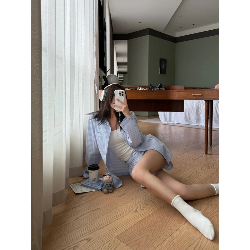 左边女装纯棉可外穿家居服2025秋季新款长袖衬衫+短裤条纹套装