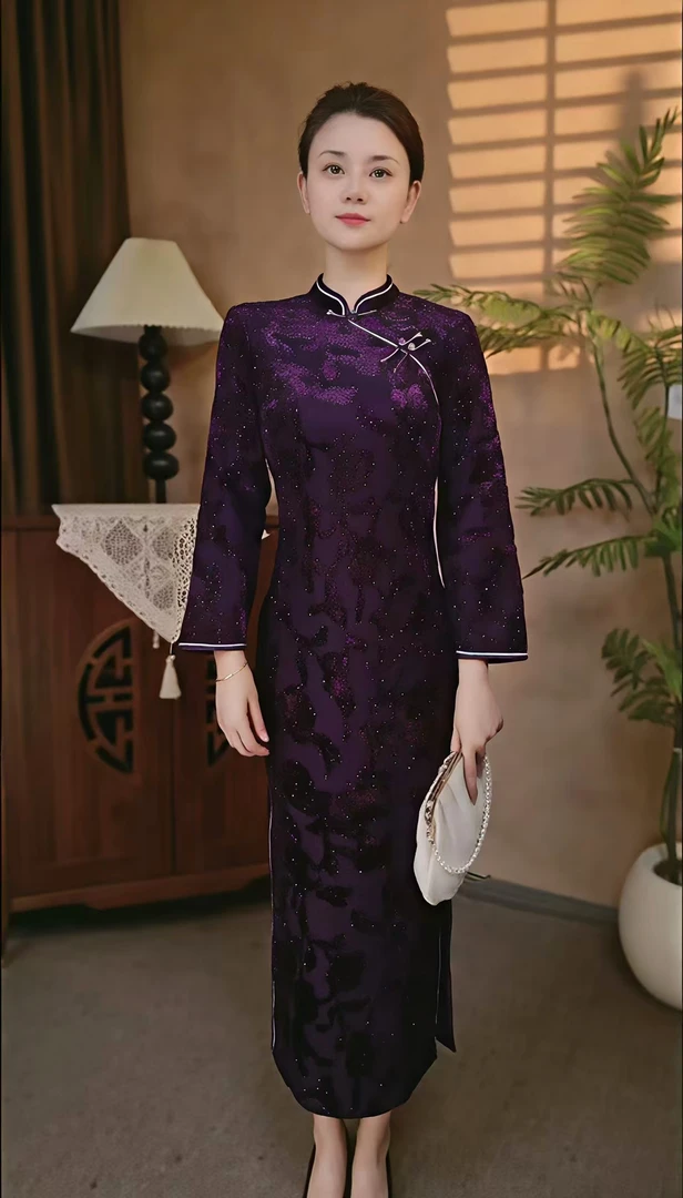 【金丝牡丹】中国风冬季高贵加绒旗袍气质修身显瘦复古中长款A30