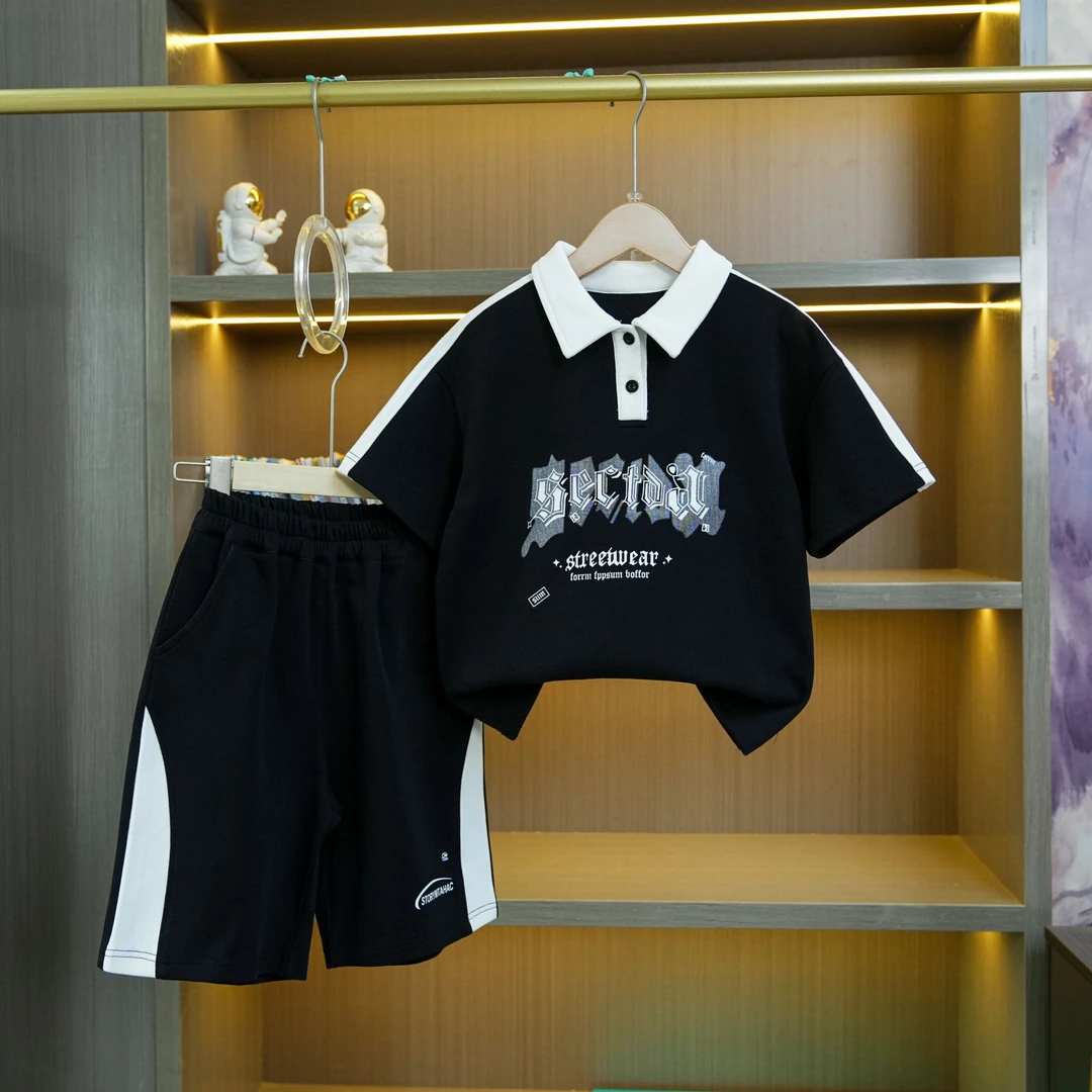 儿童百搭字母立体印花翻领Polo衫套装夏季休闲短袖童装jz005