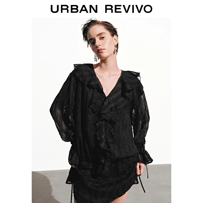 UR2025秋季新款女装潮流肌理感荷叶边收腰连衣裙UYV750090+