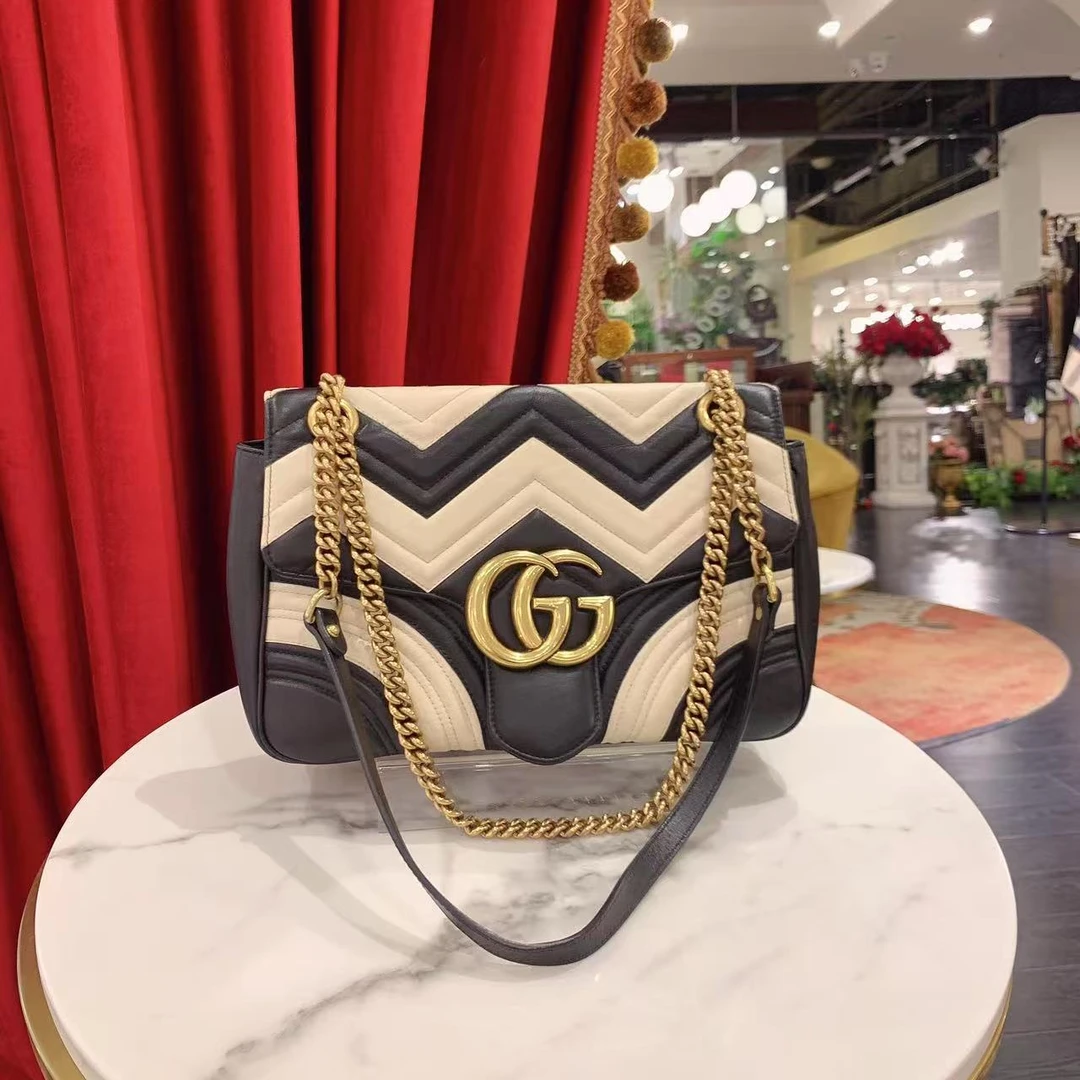 95新 GUCCI/古驰 GGS马蒙大号黑白色金扣牛皮单肩包 22323316