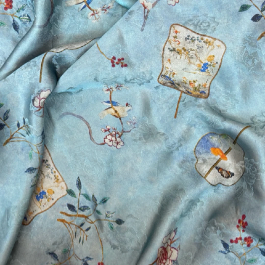 【轻罗小扇】人丝香云纱面料165超宽门幅新中式国风面料【ZL0035蓝】