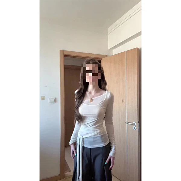 韩系不规则长袖防晒罩衫女早秋微透轻薄绑带T恤修身上衣+裤子套装