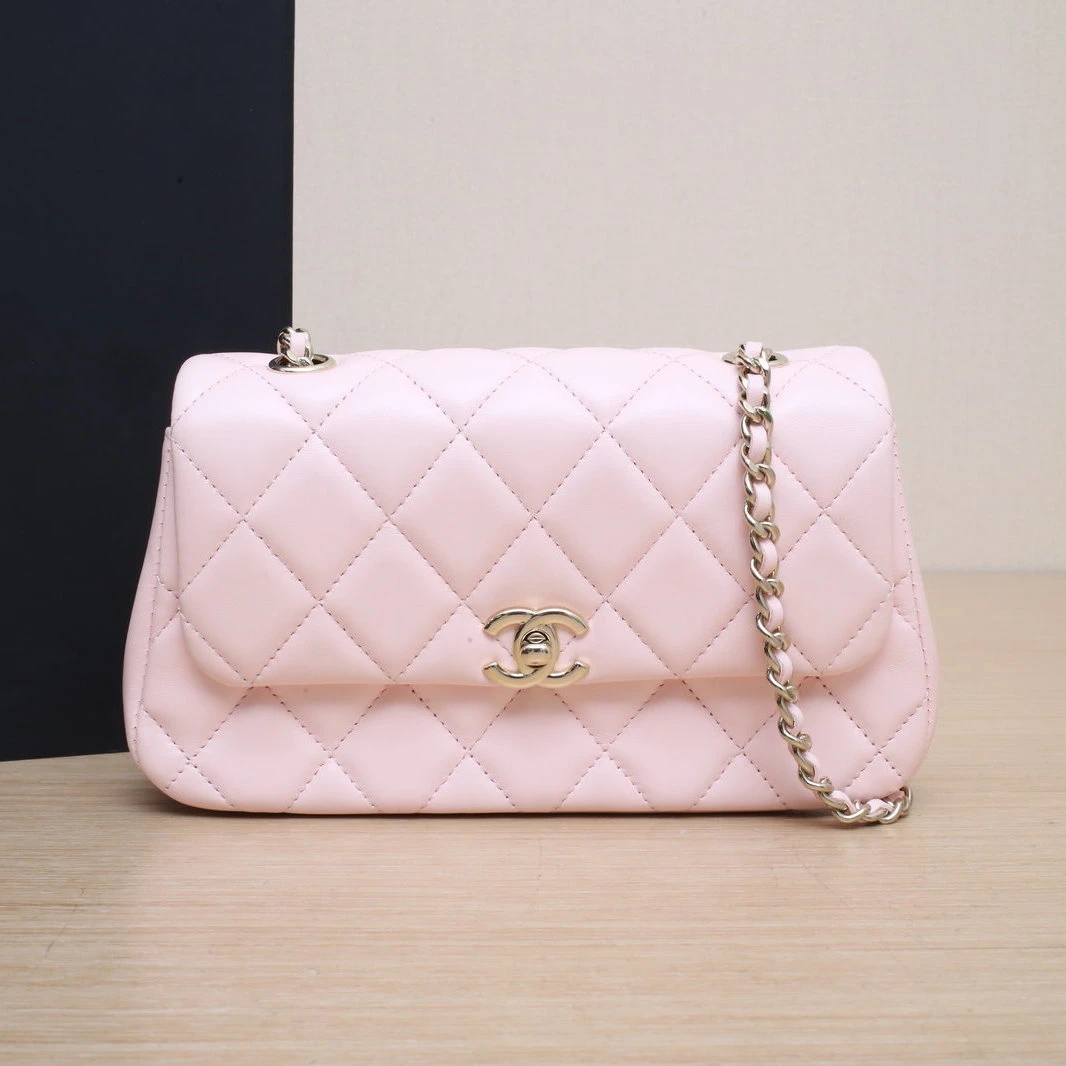 99新 Chanel/香奈儿 花花 粉色 皮革S 25S CF mini 梯形口盖包