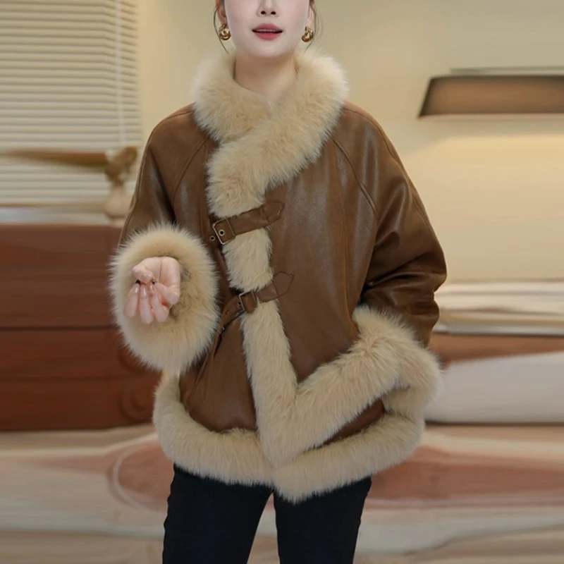 麂皮绒加厚外套女冬季新款轻奢气质显瘦氛围感大毛领保暖皮衣