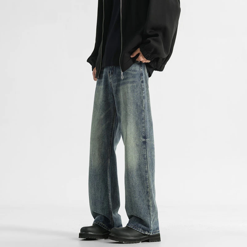 QUALCOMM美式复古复古蓝水洗直筒牛仔裤男款秋季潮牌宽松阔腿长裤