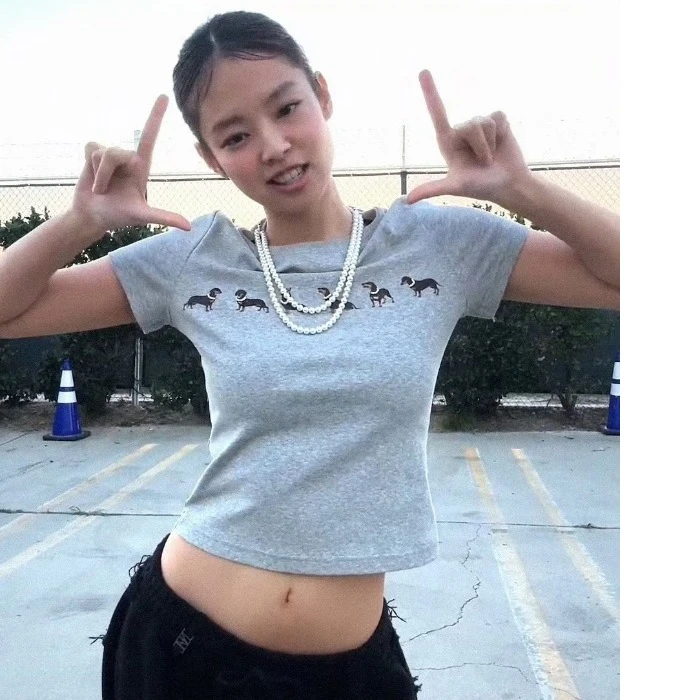 金智妮2025夏季新款灰色狗狗印花珍珠链短款纯欲风短袖上衣女T恤