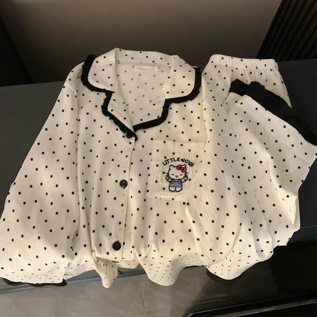 甜美蕾丝花边波点kitty猫睡衣女春秋季ins风韩系学生家居服可外穿