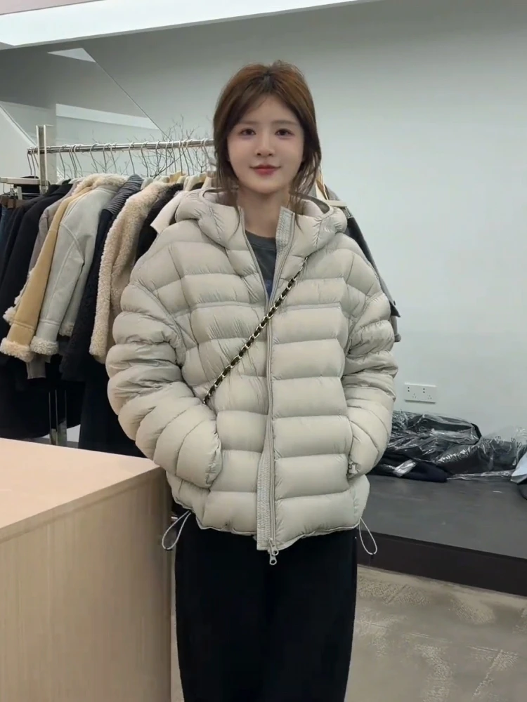 连帽白鸭绒排骨羽绒服女2025冬季新款宽松休闲轻薄保暖短款外套潮