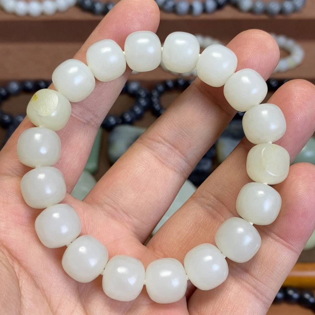 和田玉未镶嵌手串新疆和田玉带皮毛孔子料11×12老型珠手串
