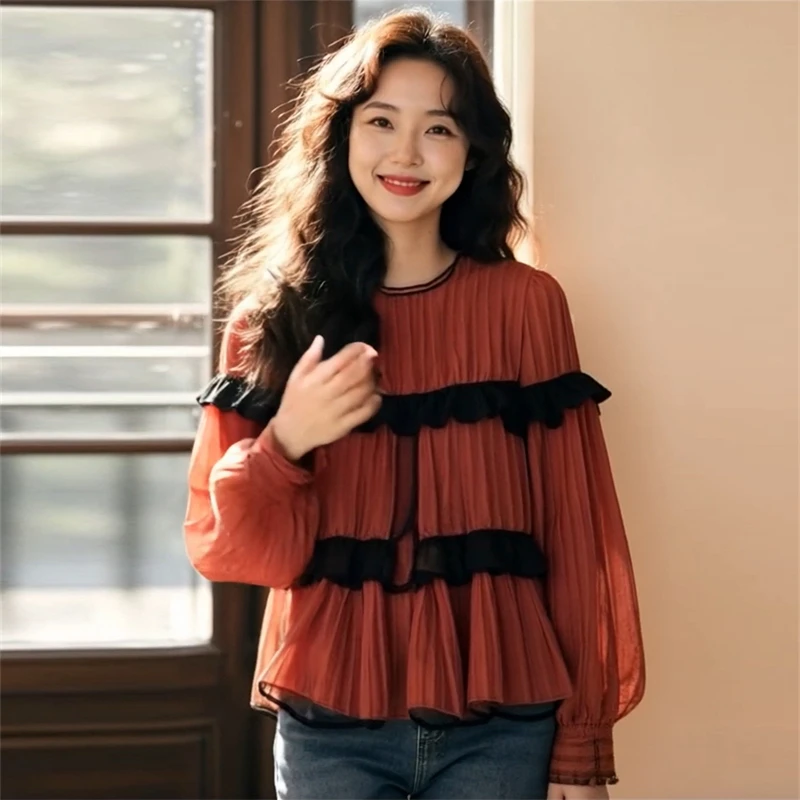 时尚复古拼接设计感衬衫女装2025春季新款宽松遮肉木耳边洋气衬衣