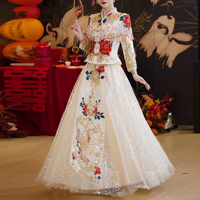 香槟色牡丹秀禾服2025新中式嫁衣敬酒服牡丹花结婚服演出薄款礼服